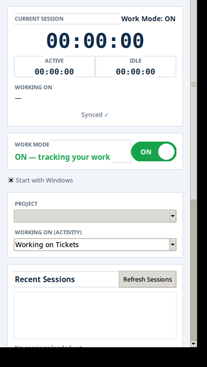 WorkSathi agent app — the work timer with a green ON toggle switch